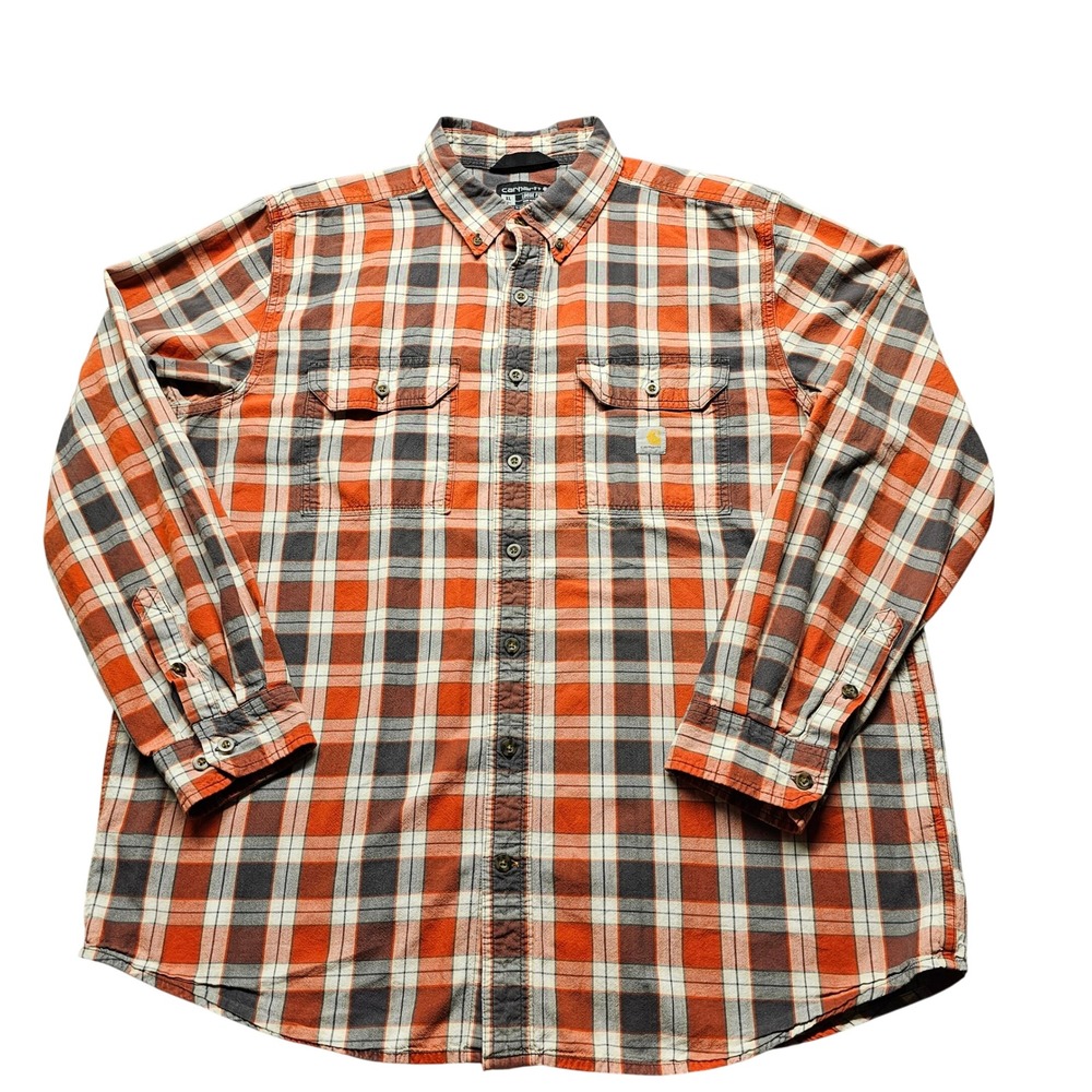 Carhartt Mens XL Tall Orange Plaid Loose Fit Cotton Button Down Shirt 104910 Q14